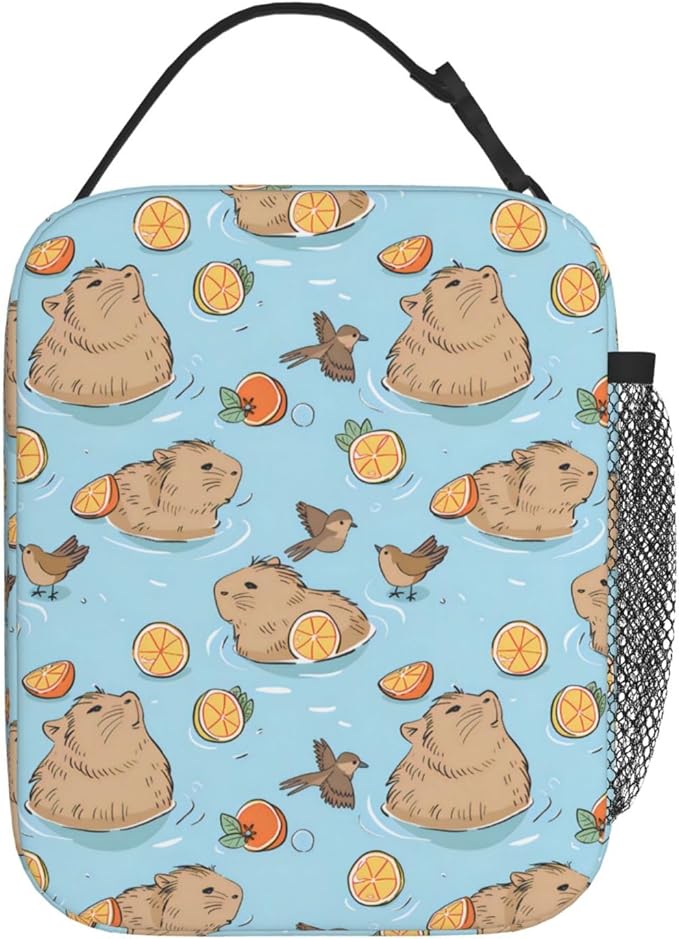 Reusable Cute Capybara Lunch Box for Kids Girls Boys Women Adult, Insulated Animal and Orange Lunch Bag,Polyester Cooler Handbags Case for School Picnic Work Travel Beach or Hiking (Blue)