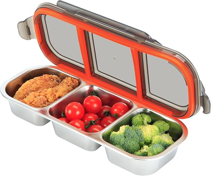 Stainless Steel Snack Containers, 3-Compartment Metal Snackle Box for Kids & Adults, Grey Reusable Condiment Box with Lids, Divided Food Storage Container for School, Work, Home & Travel