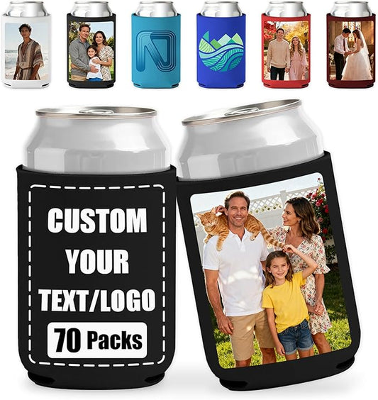 70 Pack Custom Can Coolers - Bulk Personalized Neoprene Beer Sleeves with Logo Text Photo Insulated Drink Holders for Weddings Parties Events