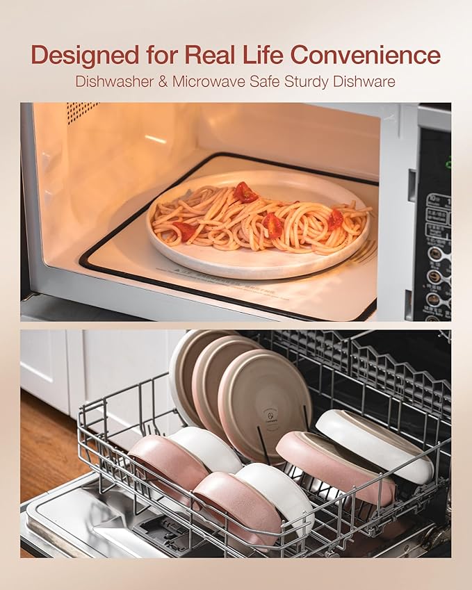 Famiware Milkyway Plates and Bowls Sets, 12 Pieces Dinnerware Sets, Reactive Glaze Dish Set, Stoneware Dishes Set for 4, Matte White & Light Pink