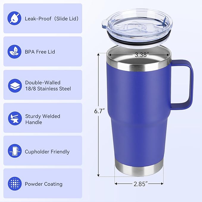 20oz Tumbler Bulk with Lid, Stainless Steel Tumbler Bulk with Handle, Metal Insulated Travel Coffee Mug Set with Handle, Double Wall Vacuum Leak Proof Tumbler Cup, Blue 12 Pack