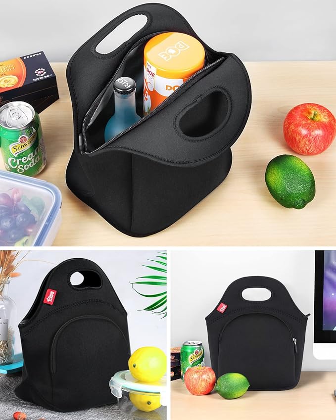 yookee home Waterproof Lunch Bag Double Layer Leakproof Neoprene Insulated Lunch Bag Freezable Black Reusable Thermal Lunch Cooler Tote Lunch Box for Boys Men Women Adult Kids for Work Outdoor