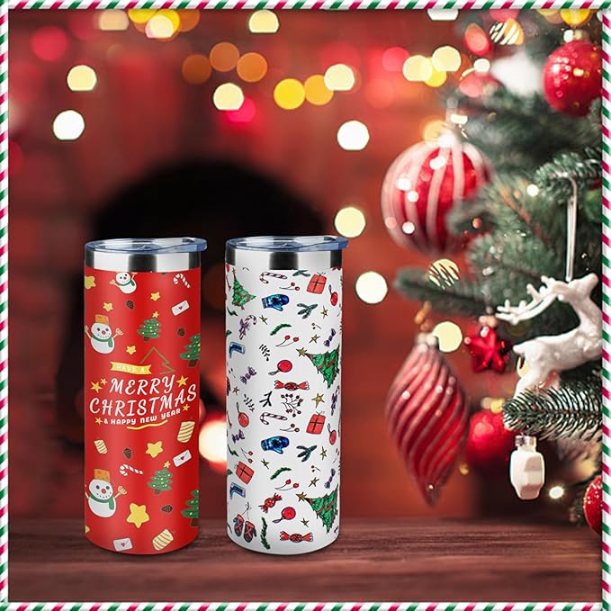 20oz Christmas Skinny Tumbler with Lid and Straw,Stainless Steel Vacuum Insulated Tumbler Cup Double Wall Travel Coffee Mug Christmas Gifts for Women Men(Xmas Elements,2)