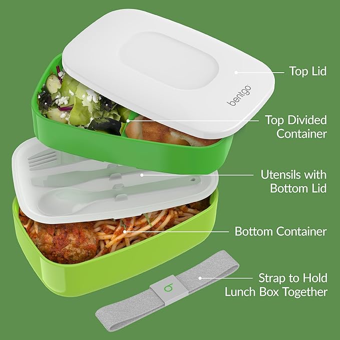 Bentgo Classic - Adult Bento Box, Stackable 3-Compartment Lunch Box with Removable Utensil Set and Sealing Strap, BPA-Free, Food Container Ideal for Meal Prep, Work, and On the Go (Green)