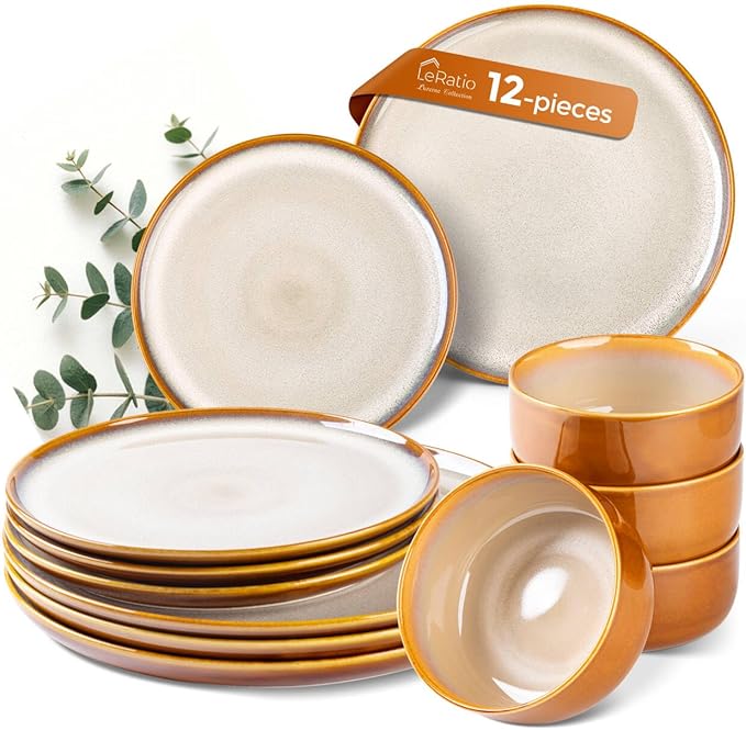 LERATIO Ceramic Dinnerware Sets for 4,12 Pieces Poreclain Plates and Bowls Sets,Scratch Resistant Dishes,Dishwasher & Microwave Safe,Oven Safe Dishes Set,Service for 4-Kahki