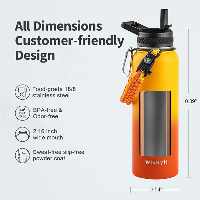 40 oz Insulated Water Bottle with Straw (Cold for 48 Hrs), Stainless Steel Triple Wall Vacuum Sports Water Jug, Leakproof Hydro Cup Flask with Paracord Handle & Straw Spout Lids & DIY Stickers