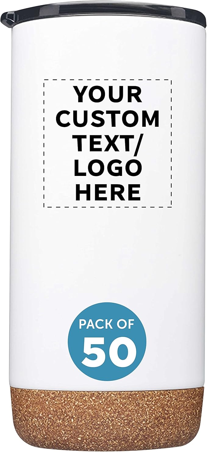 Custom Travel Tumblers with Cork Bottom 16 oz. Set of 50, Personalized Bulk Pack - Double Wall Insulated, Matte Finish, Perfect for Iced Coffee, Soda, Other Beverages - White