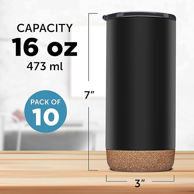 DISCOUNT PROMOS Travel Tumblers with Cork Bottom 16 oz. Set of 10, Bulk Pack - Double Wall Insulated, Matte Finish, Perfect for Iced Coffee, Soda, Other Beverages - Black