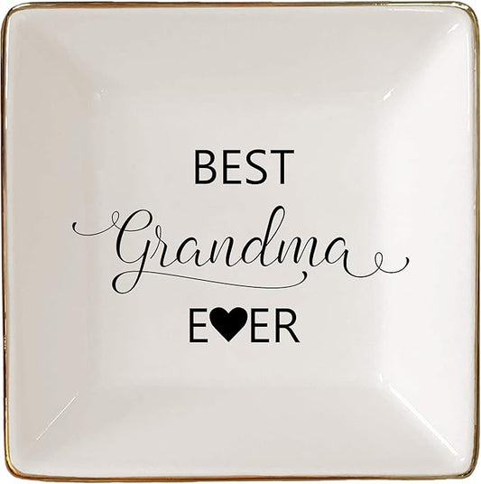 Simply Charmed Best Grandma Ever - Christmas Gift – Ceramic Jewelry Dish, Ring Holder, Trinket Tray – Elegant Birthday Gift for Grandmother