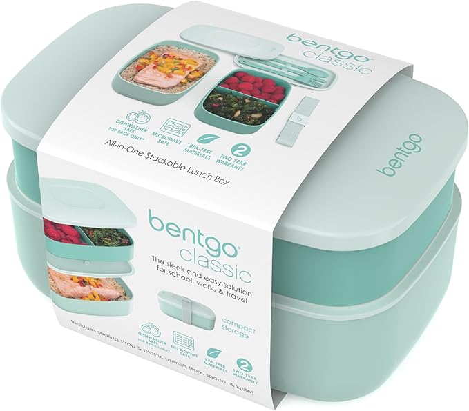 Bentgo Classic - Adult Bento Box, Stackable 3-Compartment Lunch Box with Removable Utensil Set and Sealing Strap, BPA-Free, Food Container Ideal for Meal Prep, Work, and On the Go (Coastal Aqua)