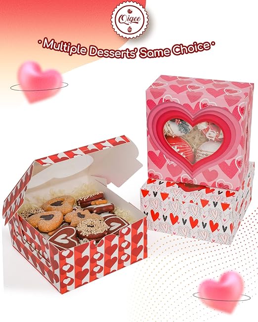 qiqee Valentine Bakery Box with Original Unique Design 60packs 6x6x3 Cookie Boxes Pastry Box for Valentine's Day