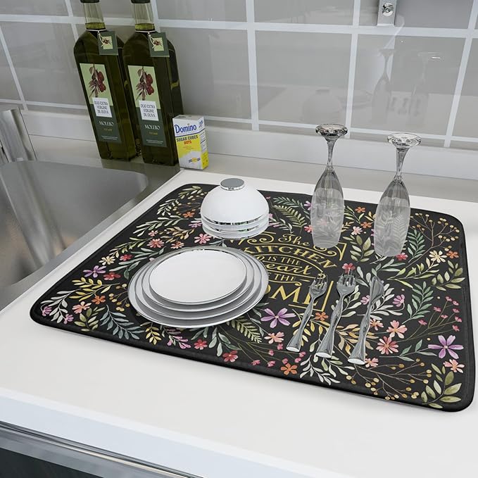 Vintage Microfiber Dish Drying Mat Wildflowers Leaves Absorbent Dry Mat for Kitchen Counter Decor