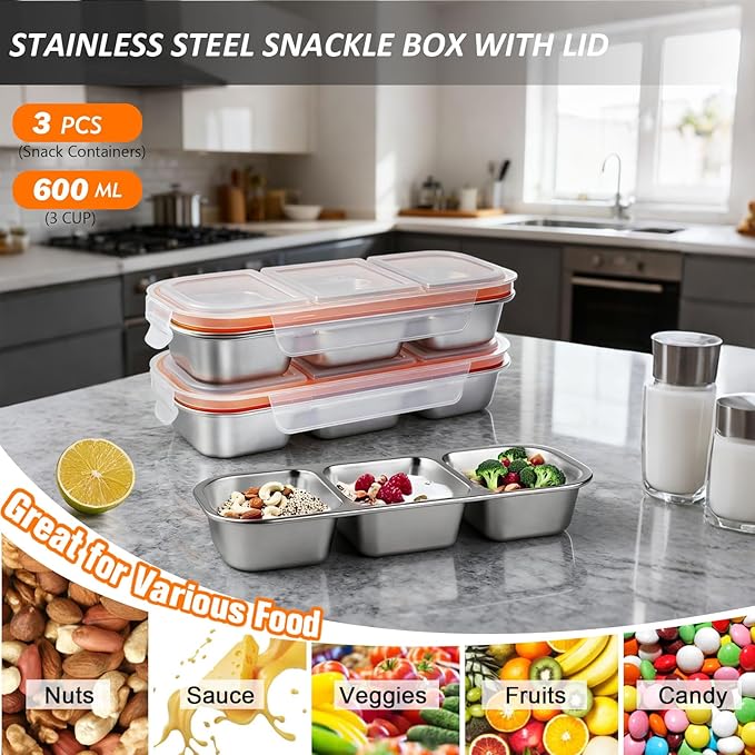 3 Pack Stainless Steel Snack Containers with Lids, Leakproof Lunch Box Containers, Reusable 3 Compartment Snackle Box, Grab and Go lunchable container for Travel