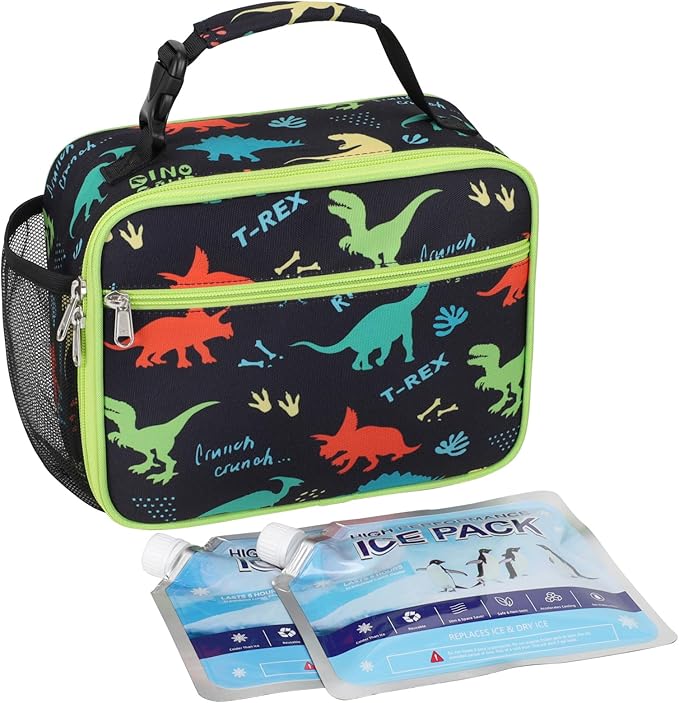 Bagseri Kids Lunch Bag with Ice Pack - Kids Lunch Box for Boys Reusable and Insulated Lunch Bag Toddler Lunch Box for Daycare and School, Black Dinosaur