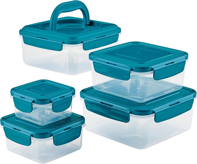 Rachael Ray Leak-Proof Nestable Container Food Storage Bin Set, 10-Piece Square, Teal Lid