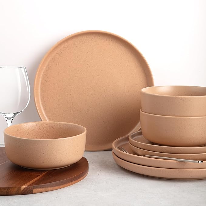 Zulay Kitchen Terra Stoneware Dinnerware Set, Artisanal Ceramic Plates and Bowls Set Crafted at 2300℉ - Service for 4, Terracotta Clay