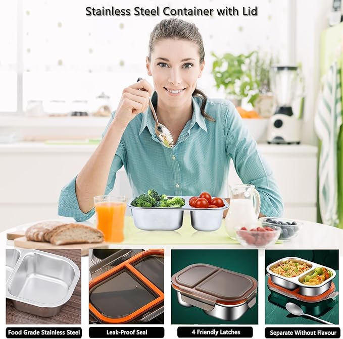 Stainless Steel Snack Box Containers, Reusable 2 Compartment Condiment Box with Lids, Food Container Sauce Cups, Divided Food Storage Containers for Home and Travel (Black)