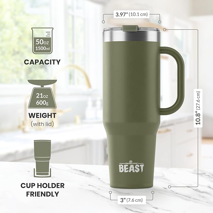 Beast 50 oz Tumbler Stainless Steel Vacuum Insulated Coffee Ice Cup Double Wall Travel Flask (Army Green)