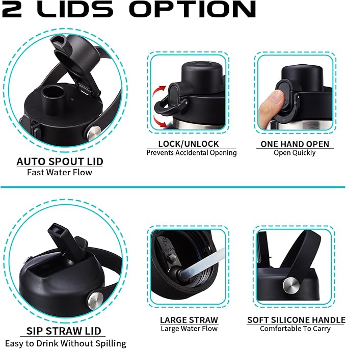 32oz Insulated Water Bottle - with Straw & Spout Lid, Strap Carrier Bag, Cold-48H & Hot-24H, Stainless Steel Travel Tumblers with Handle, Reusable Slim Water Bottle that Fits in Cup Holder