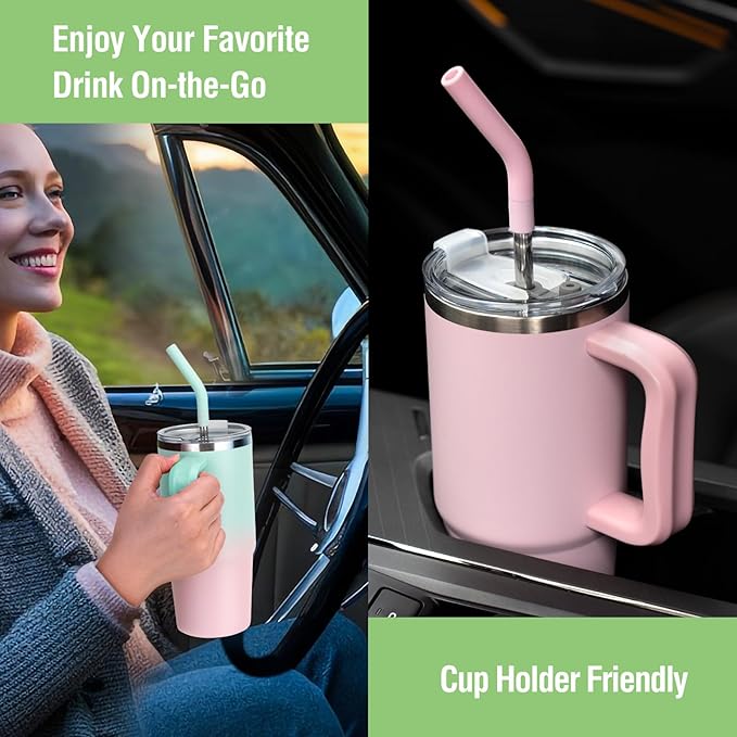 Zukro 24 oz Ceramic Lined Insulated Tumbler with Handle and Straw, No Metal Taste or Smell, Travel Coffee Mug with Spillproof Lids, No Sweat Stainless Steel Cup, Dishwasher Safe, Bubblegum