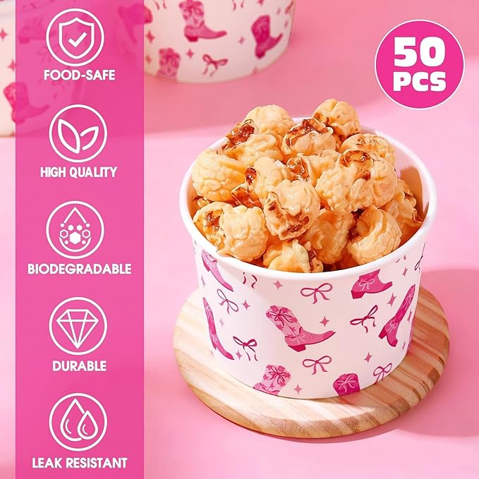 50 Pack Western Pink Cowgirl Ice Cream Cups 9 oz Disco Cowgirl Disposable Dessert Bowls Bow Paper Soup Bowls for Hot or Cold Food for Western Baby Shower Wedding Birthday Bachelorette Party