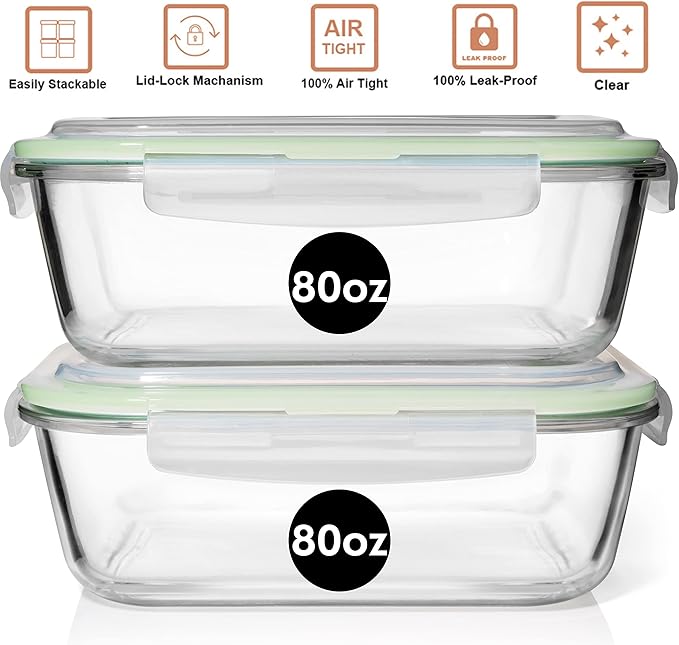 Razab 10 Cups/ 80 Oz 4 Pc (Set of 2) Glass Food Storage Containers with Airtight Locking Lids-For Storing & Serving Food. BPA Free & Leak Proof - Microwave, Dishwasher, Fridge, Freezer and Oven Safe