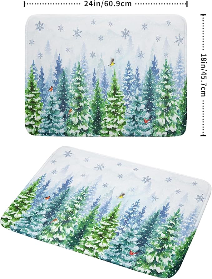 Winter Forest Dish Drying Mats - Snowflake Birds Dish Drainer Mat 18x24 Welcome Christmas Dish Draining Mat Watercolor Wildlife Tree Drying Pad for Kitchen Counter Sink