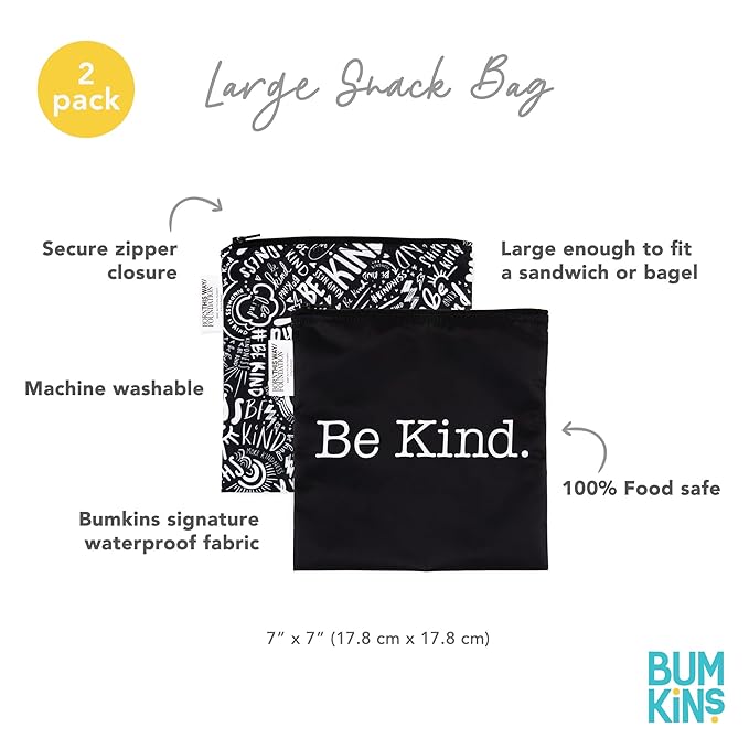 Bumkins Reusable Sandwich and Snack Bags, for Kids School Lunch and for Adults Portion, Washable Fabric, Waterproof Cloth Zip Bag, Travel Pouch, Food-Safe Storage, Large 2-pk Born This Way Be Kind