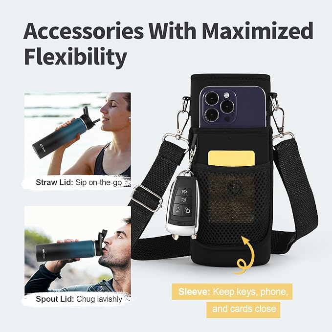 24 oz Insulated Water Bottle with Straw (Cold for 48 Hrs), Stainless Steel Triple Wall Vacuum Sports Water Jug, Leakproof Hydro Cup Flask with Paracord Handle & Straw Spout Lids & DIY Stickers