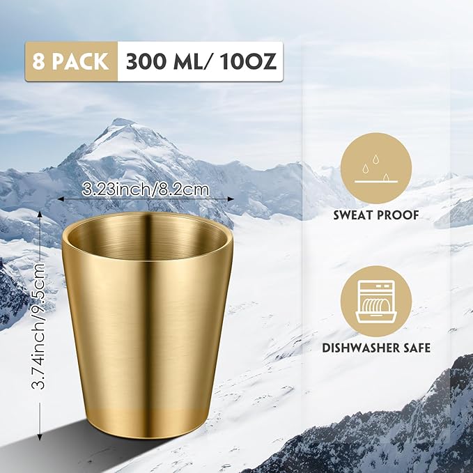 8 Pack Stainless Steel Insulated Cup Metal Tumbler Double Wall Vacuum Water Glasses Camping Reusable Mugs Bbq Home Office Party Coffee (Gold,10 oz)
