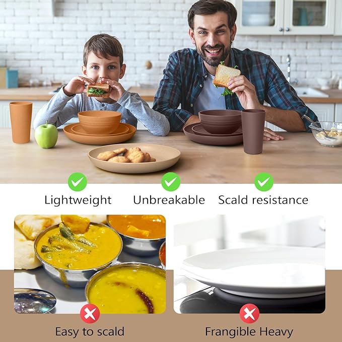 Teivio 32-Piece Kitchen Plastic Wheat Straw Dinnerware Set, Service for 8, Dinner Plates, Dessert Plate, Cereal Bowls, Cups, Unbreakable Colorful Plastic Outdoor Camping Dishes, Desert