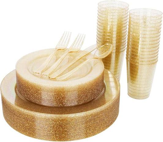 WELLIFE 175 Pieces Gold Glitter Plastic Plates with Silverware and Cups, Includes: 50 Plates, 50 Forks, 25 Knives,25 Spoons and 25 Cups for Party