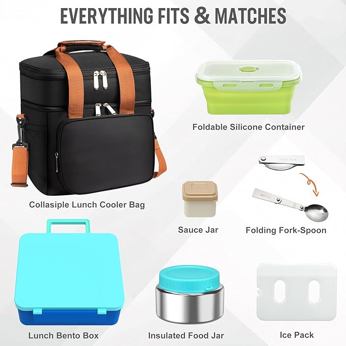 Adult Lunch Box Set Insulated Leakproof Meal Prep Kit with 4-Compartment, Thermo for Hot&Cold Food, Lunchbox Containers for Men&Women, Lunch Cooler Bag with Ice Pack for Work Camping Daytrip(Blue)