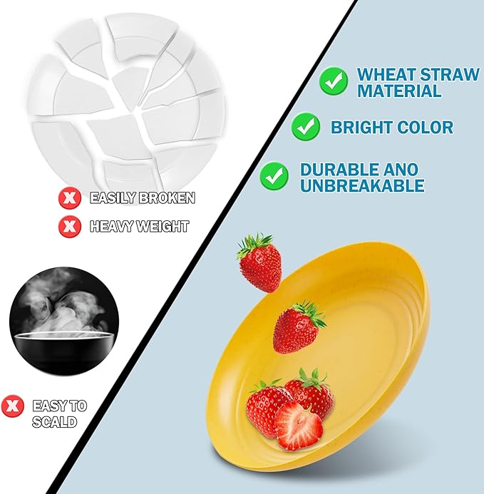 LIYH 48 Pcs Wheat Straw Dinnerware Plates and Bowls Set Dishwasher Safe Unbreakable Light Weight Plates Service for 12 Reusable Multicolor Dinnerware Set Dish Sets 24 Plate 12 Bowl 12 Cup