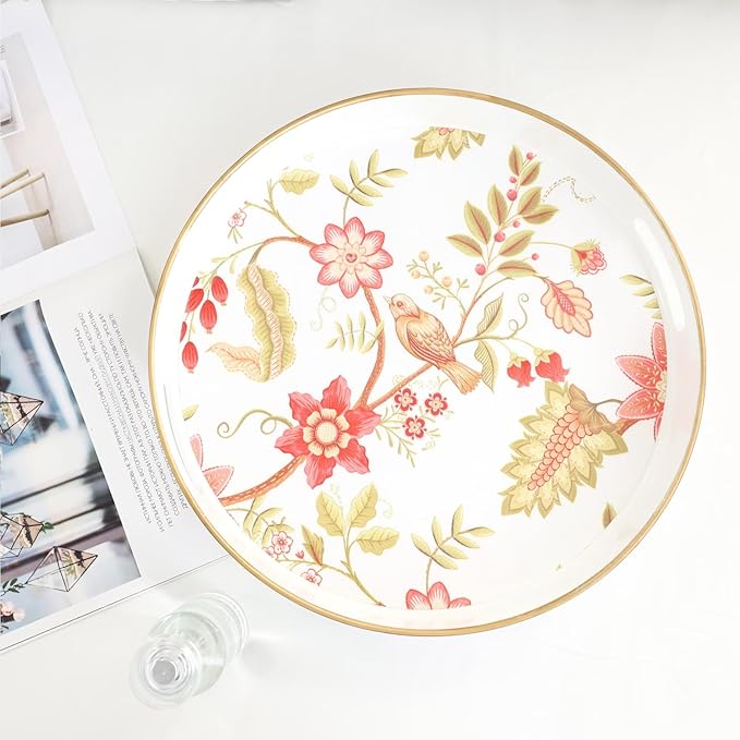 Spsyrine Decorative Serving Tray with Handles, Lacquered Coffee Table Tray for Ottoman, Round Waterproof Platters for Centerpieces, Parties, Living Room, Kitchen Counter Organization Yellow