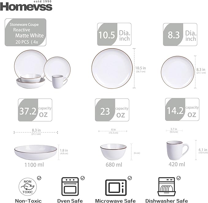 Eur-Nordic Shape Raising Rim 20pc Dinnerware Set, Matte White with Speckle Effect