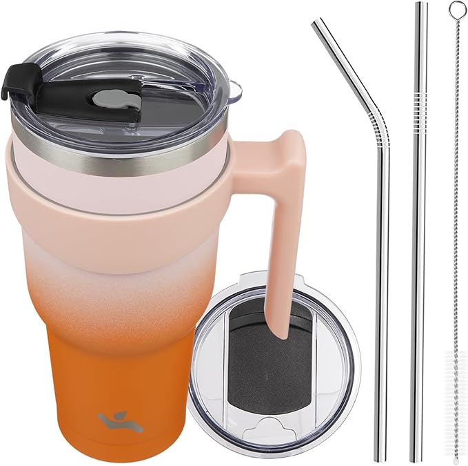 40 oz Tumbler with Handle and 2 Straw 2 Lid, Insulated Water Bottle Stainless Steel Vacuum Cup Reusable Travel Mug,Coral
