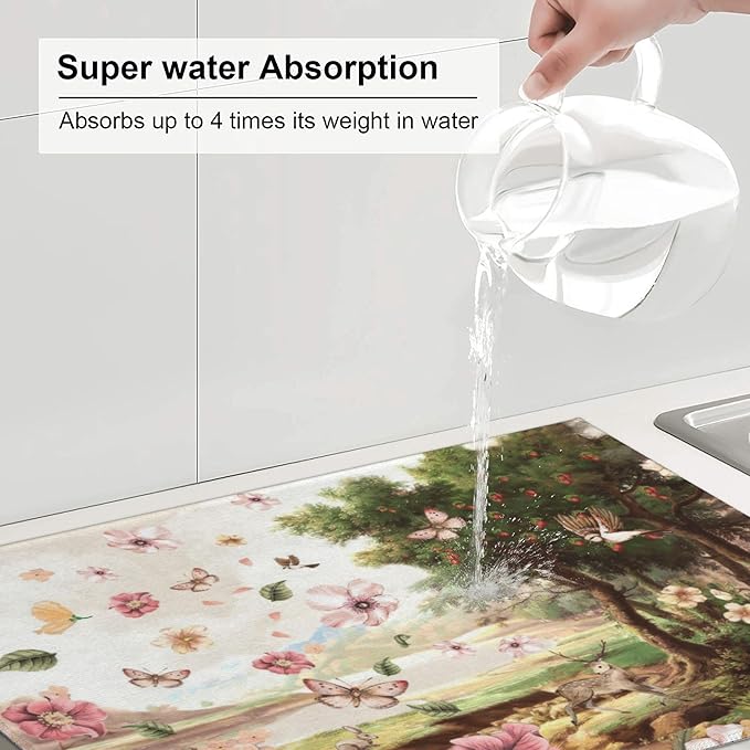 Retro Country Woods Deer Dish Drying Mat 18x24 Inch, Microfiber Absorbent Fast Dry Mat Flowers Butterfly Large Dish Mat Drying Kitchen Mat, Kitchen Drying Pad for Kitchen Counter Coffee Bar Decor