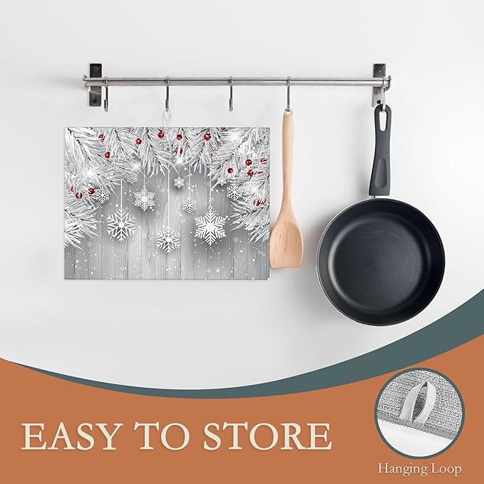 Snowflakes Dish Drying Rack Mats Decor,Christmas Silver Tree Branch Dish Pad Drying Mat Kitchen Counter 18x24 Inch Absorbent Reversible Microfiber for Coffee Bar Sink Countertop