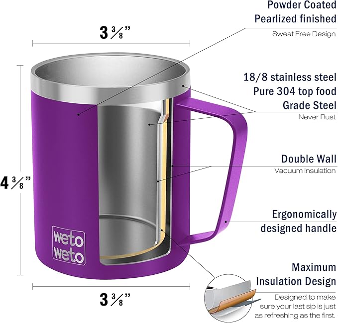 WETOWETO 14 oz Coffee Mug, Vacuum Insulated Camping Mug with Lid, Double Wall Stainless Steel Travel Tumbler Cup, Coffee Mugs Outdoor, Powder Coated Purple