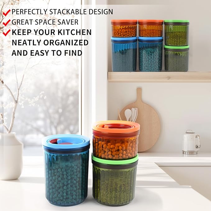 Airtight Food Storage Containers BPA-Free Stackable Air Tight Kitchen Pantry Organization Canisters Ideal for Storage Cereal Snack Flour Sugar Coffee Spaghetti (6pcs)