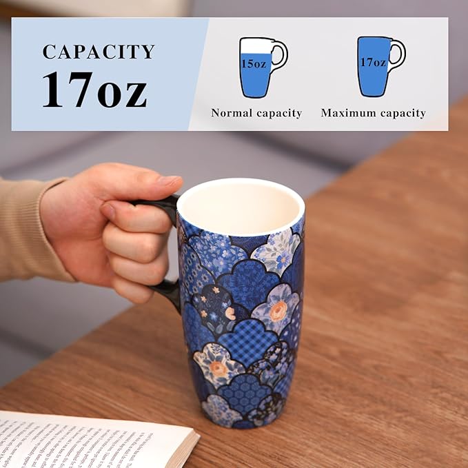 Topadorn Ceramic Mug Coffee Cup with Spill-Proof Lid Latte Mug for Home and Office with Gift Box,Blue