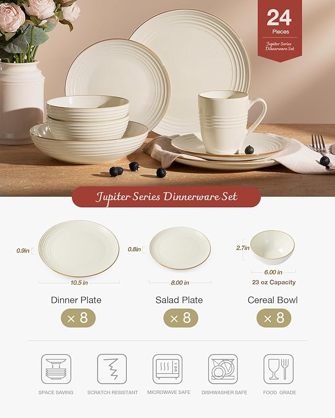 Famiware Jupiter Dinnerware Set, Plates and Bowls Dish Sets for 8 (24 Pieces), Microwave and Dishwasher Safe Stoneware Speckled Tableware, Chip and Scratch Resistant, Vanilla White