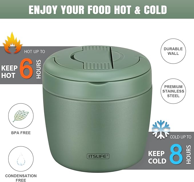 Soup Thermo for Hot Food Adults 32OZ Lunch Containers Wide Mouth Hot Food Jar Vacuum Insulated Stainless Steel Bento Box Leakproof with Spoon (Green)