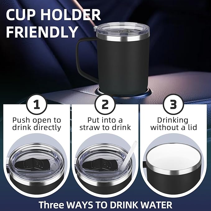 20 oz Insulated Coffee Mug with Ceramic Coating, Stainless Steel Travel Mug Tumbler with Handle Lid and Straw, Double Wall Leak-Proof Coffee Travel Mug Keeps Drink Hot and Cold (Black)