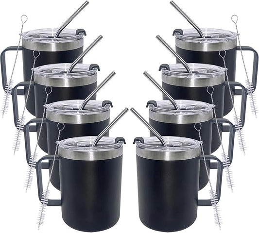 8pack 12oz Coffee Mug With Handle Bulk, Stainless Steel Insulated Travel Tumblers With,Double Wall Vacuum Camping Cup for Hot & Cold Drinks Tea (Black)