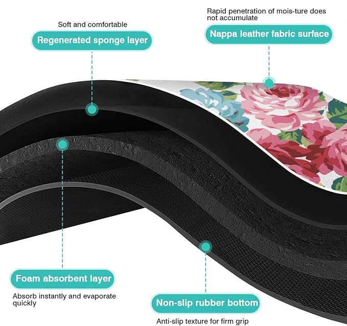 Rubber Dish Drying Mat for Kitchen Counter Large Pink Red Roses Floral Washable Quick Home Coffee Pad Fit Under Sink,Bar,Utensils 16x18in