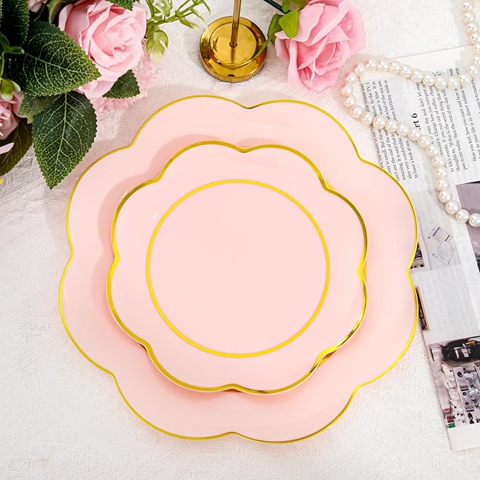 WONDERFUL 60pcs High-End Pink Plastic Plates - Disposable Heavy Duty Pink Plates with Gold Rim Plastic Disposable Plate for Party Wedding/Birthday/Bridal Shower/Upscale Banquet Suitable for 30 Guests