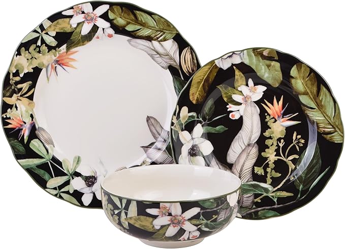 222 Fifth 12-Piece Porcelain Dinnerware Set for 4, Black & White Plates and Bowls Set with Tropical Floral Design, Glossy Ceramic Dish Set, Kitchen Tableware, Microwave & Dishwasher Safe, Borneo