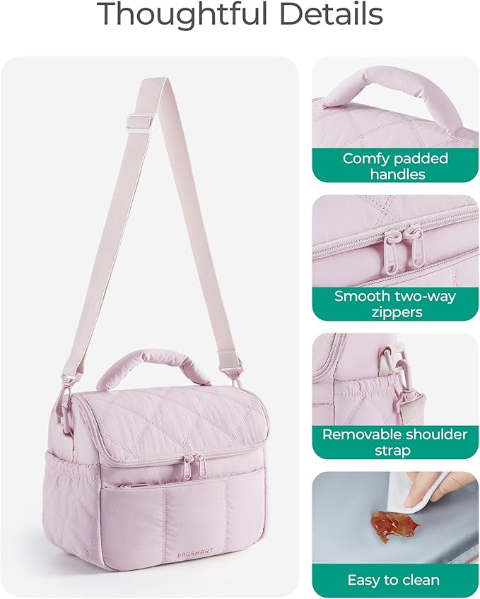 BAGSMART Insulated Lunch Bags for Women, Cute Quilted Lunch Box, Lightweight Puffy Padded Waterproof Lunch Tote, Reusable Lunch Cooler for Work Picnic Travel, Beige